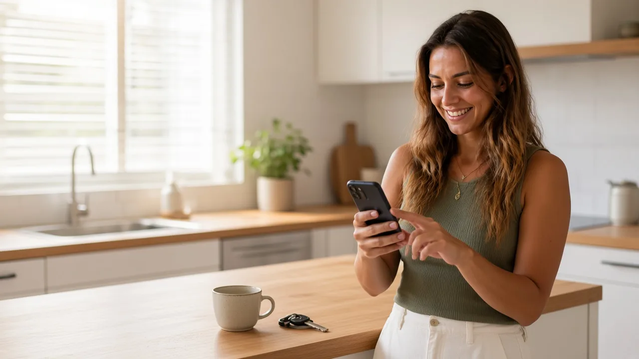 A woman applying for a CashnGo loan on her phone at the kitchen bench