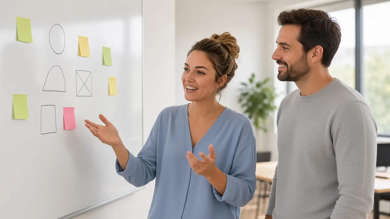 Two CashnGo colleagues planning at a whiteboard in the office