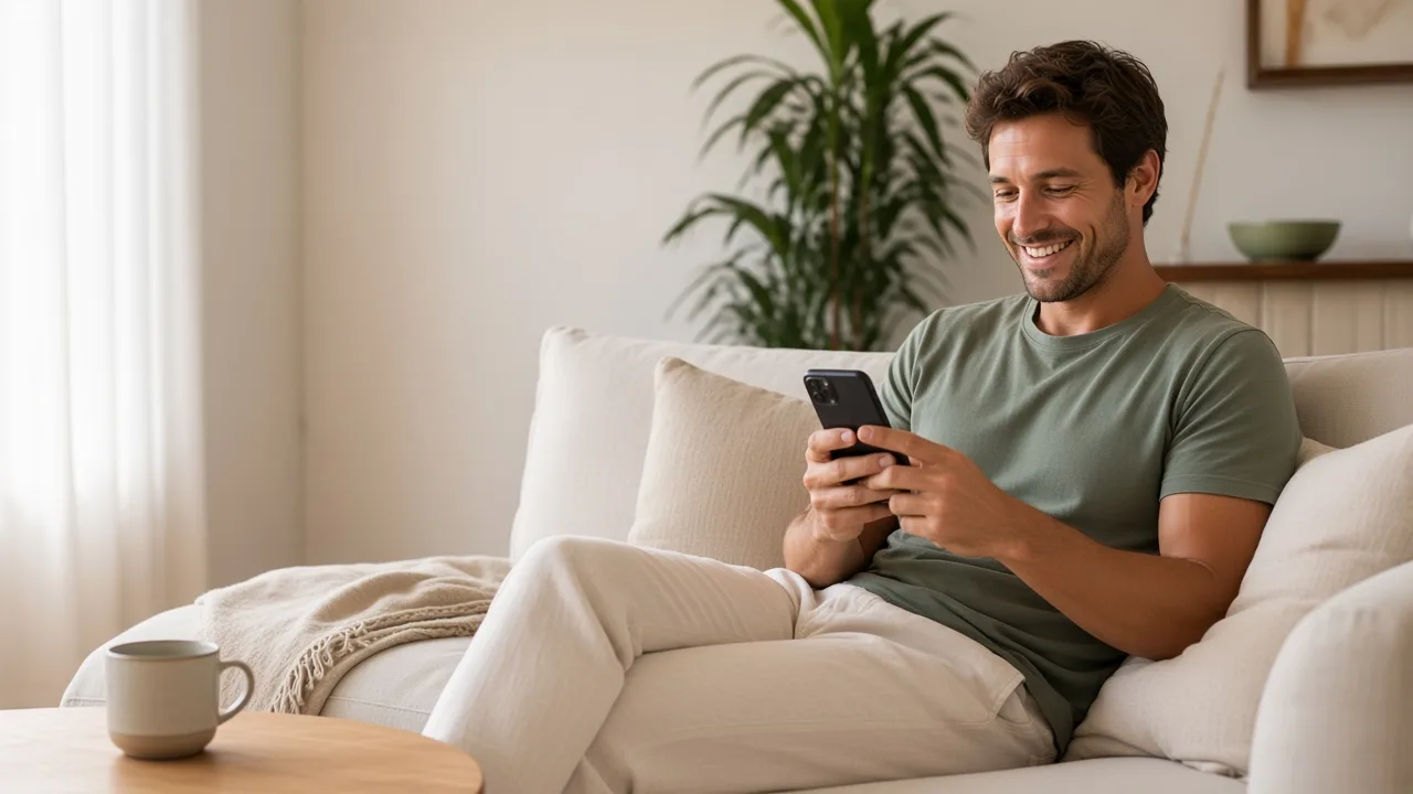 A man relaxing on his couch at home while managing his loan on his phone