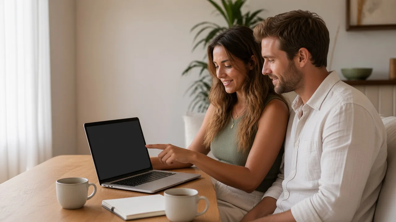 A couple going through their household budget together at the kitchen table