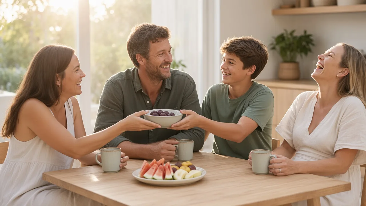 A family sharing breakfast together in a sunny kitchen