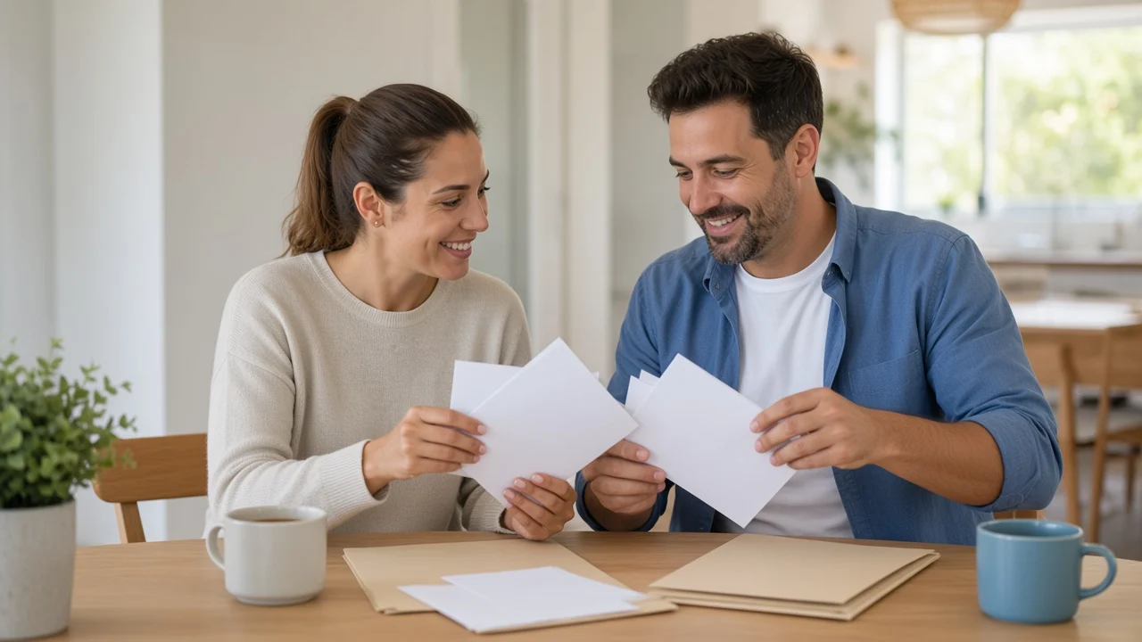 A couple calmly organising their bills and paperwork together