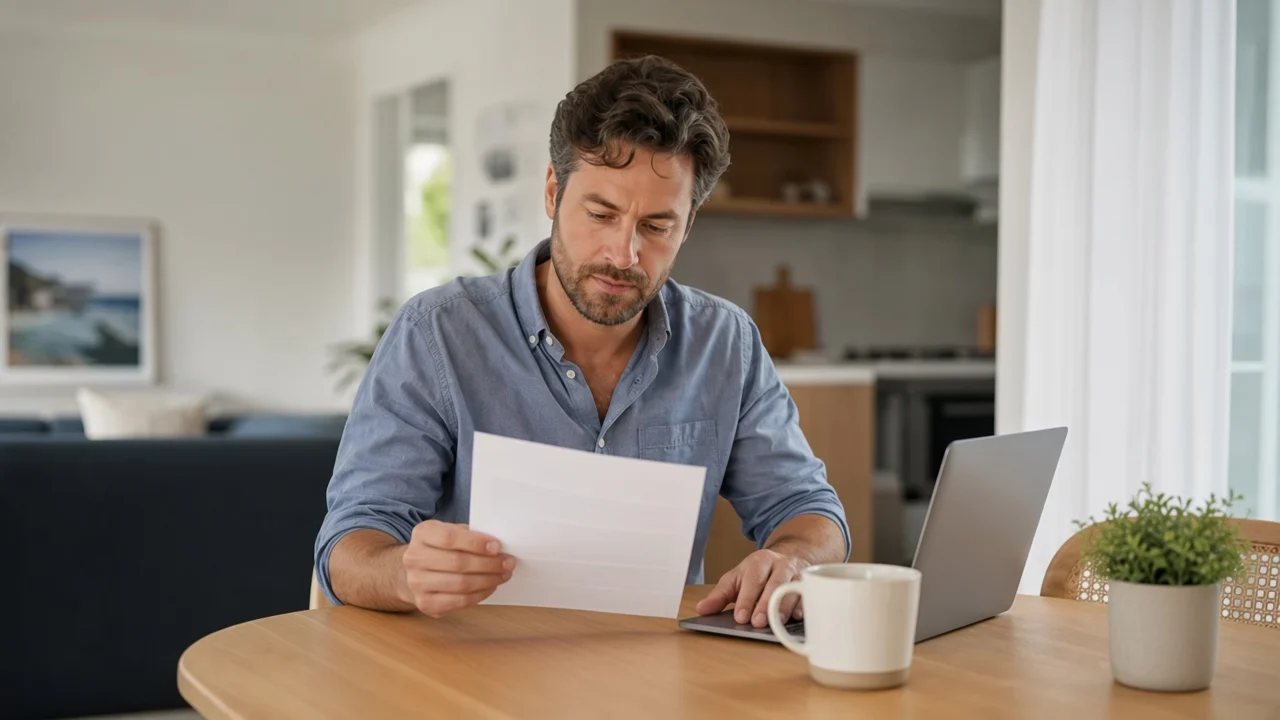A man reviewing his credit report at his kitchen table
