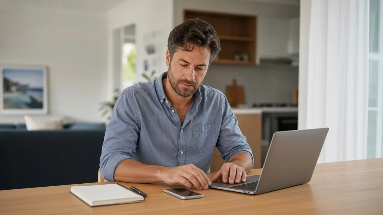 A person comparing options on a laptop and phone at home