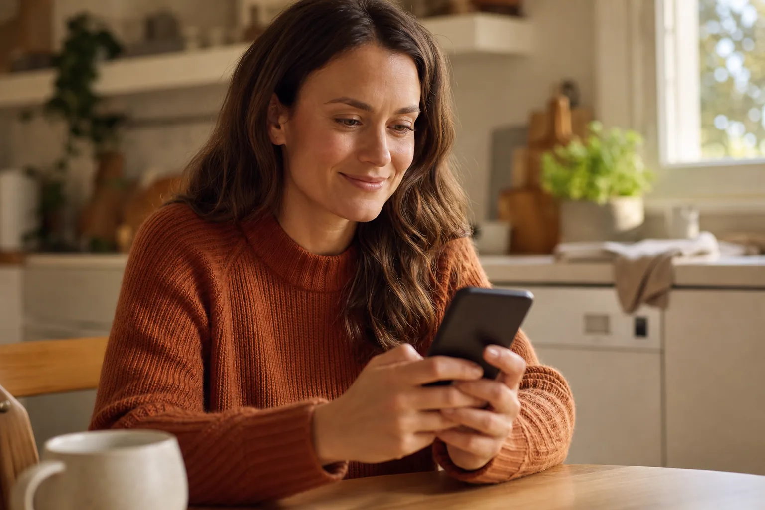A woman at her kitchen table checking a CashnGo question on her phone