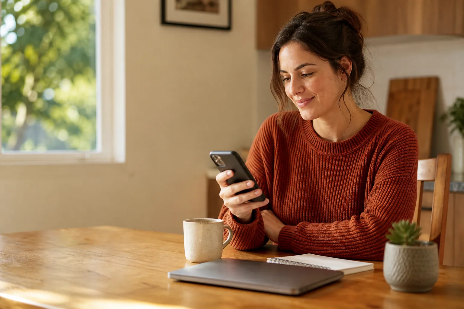 A woman at her kitchen table checking a CashnGo question on her phone