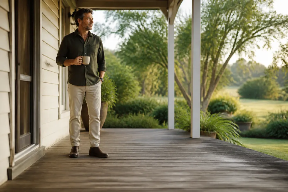 A man having a morning coffee on the verandah of his home
