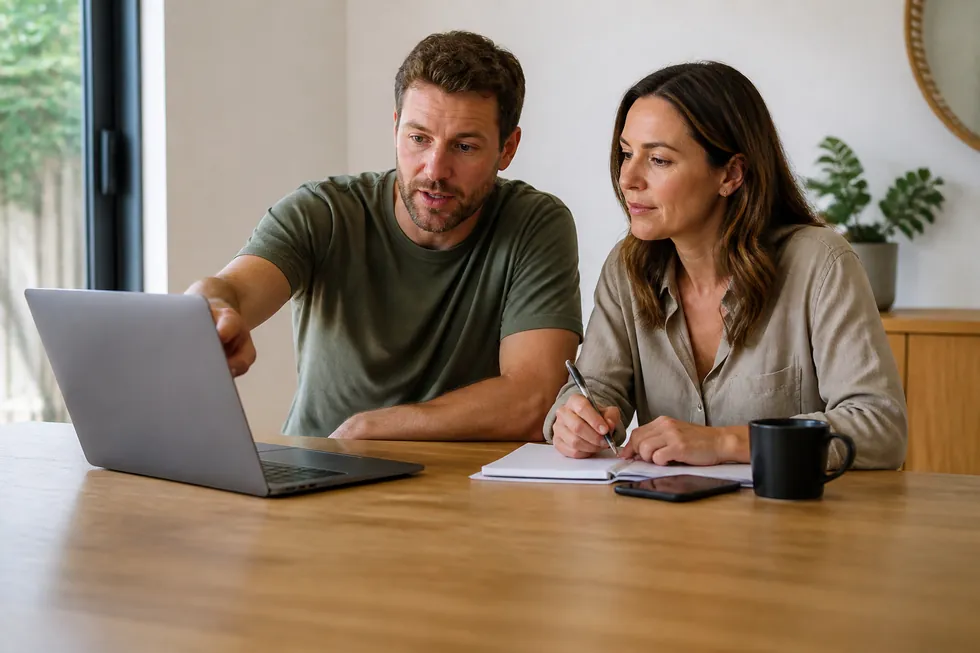 A couple working through their budget on a laptop at home