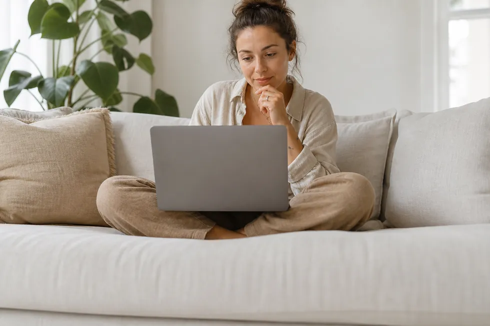 A woman reading about CashnGo loans on her laptop