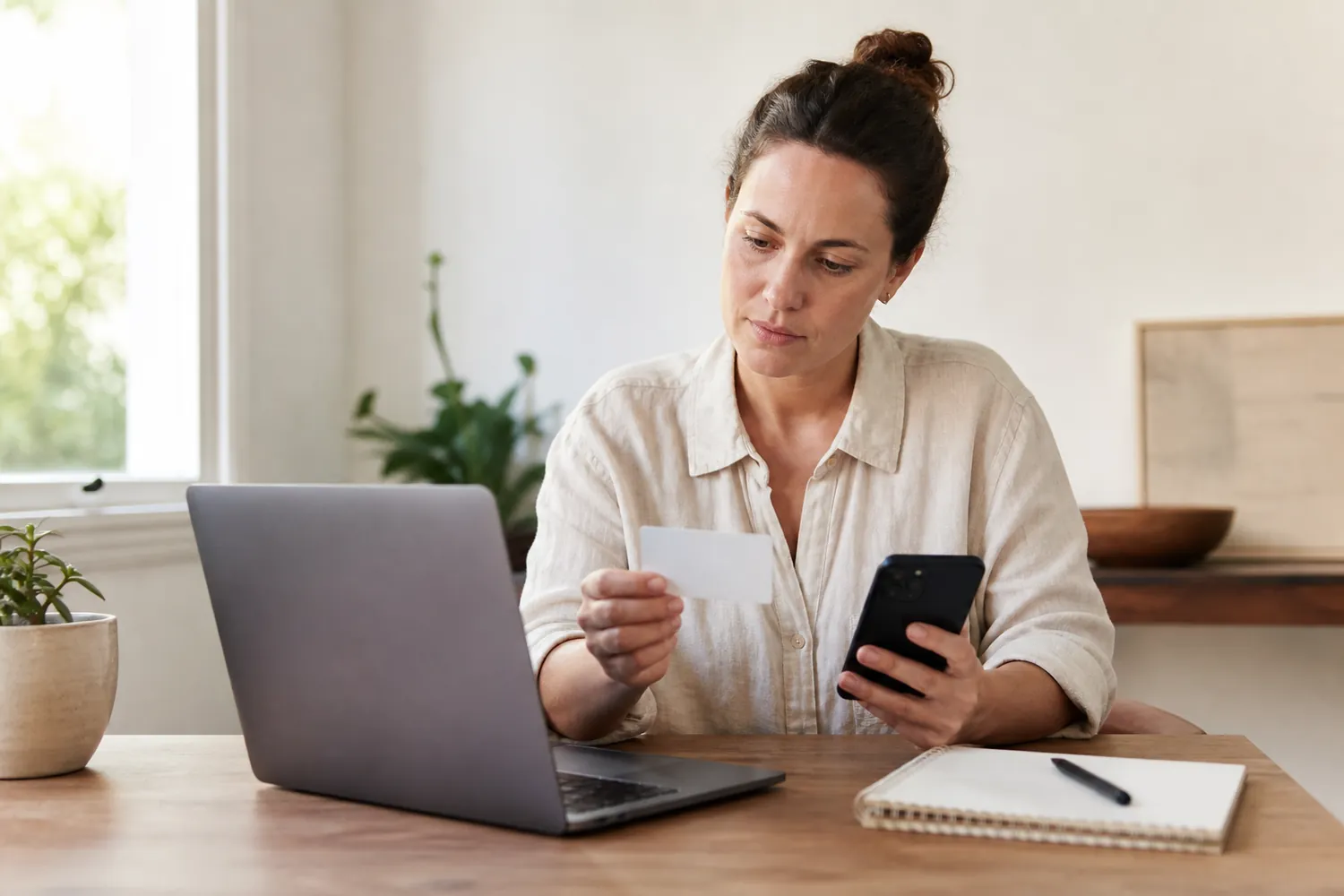 A woman getting her ID and bank details together before applying online