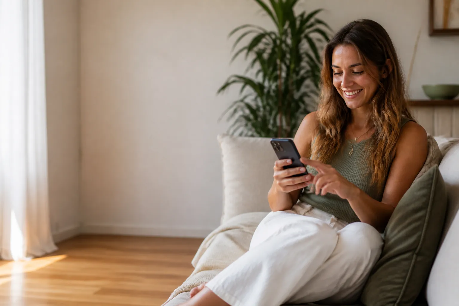 A woman applying for a CashnGo loan on her phone at home