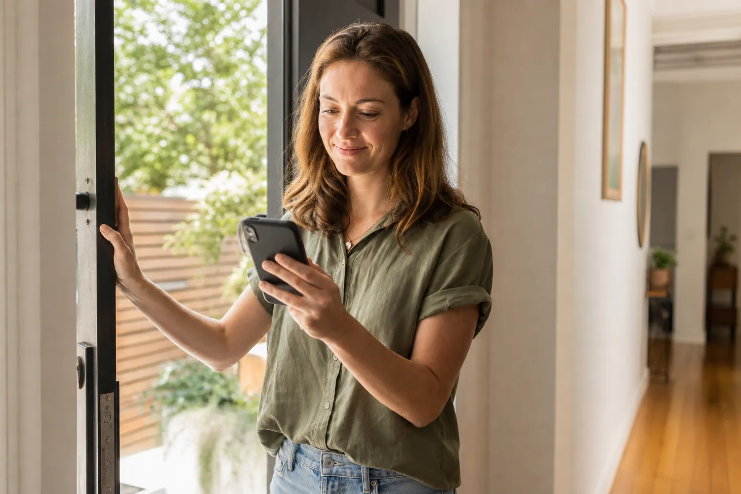 A woman reading her CashnGo loan offer on her phone at home