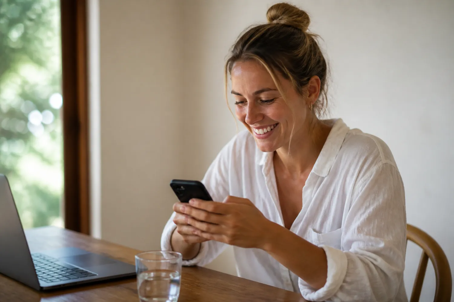 A woman smiling at her phone after her CashnGo loan funds arrive