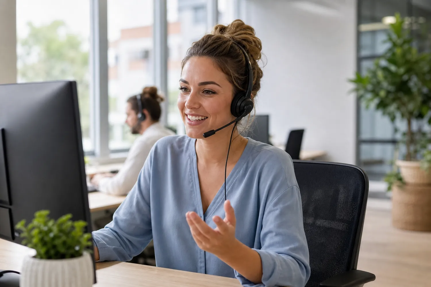 A CashnGo Customer Care consultant smiling while helping a customer on the phone
