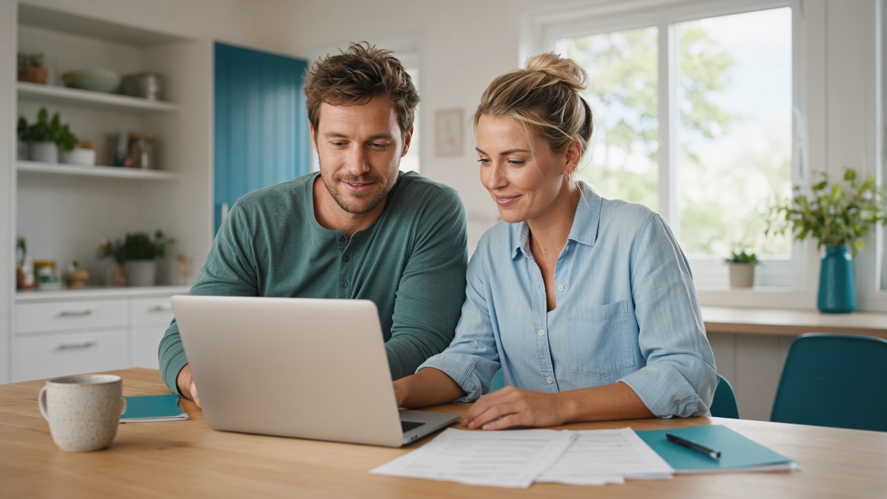 A couple calmly reviewing their household budget together at the kitchen table