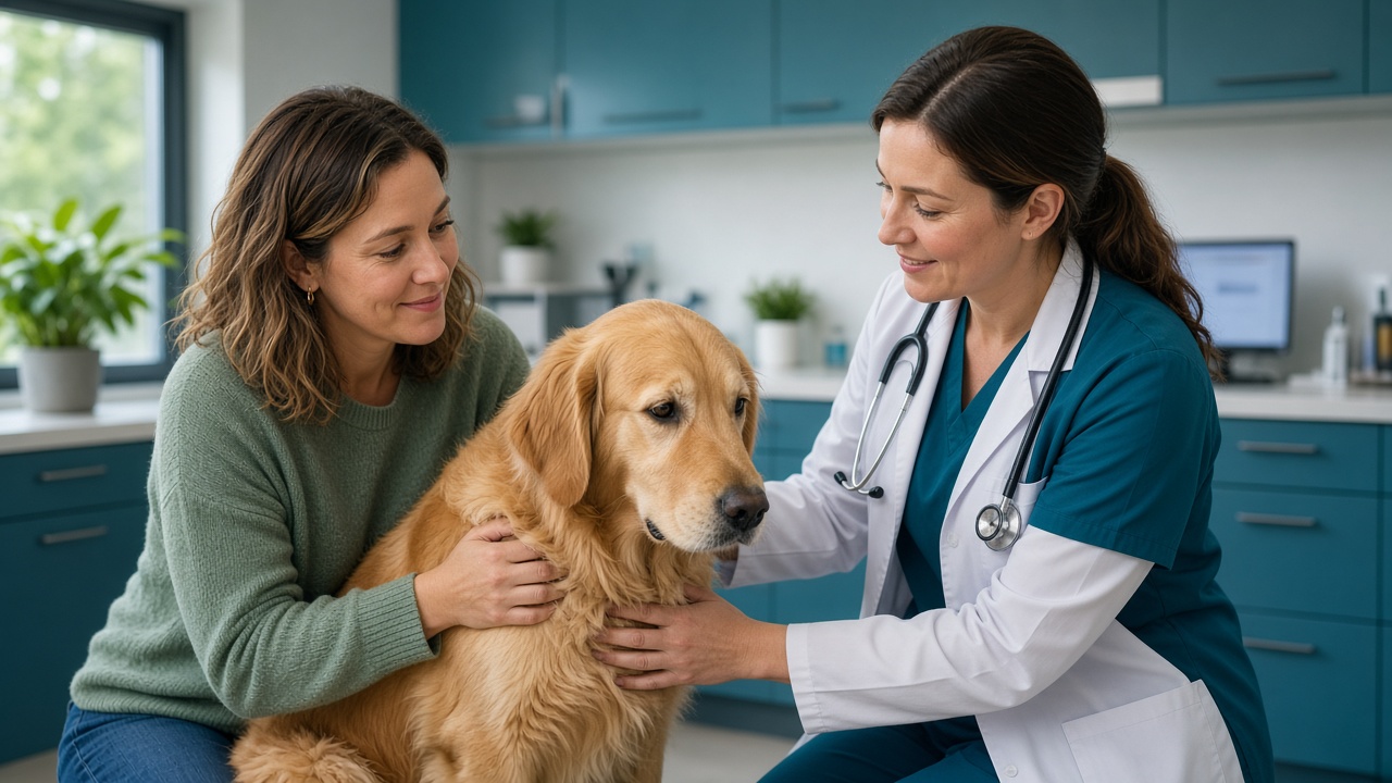 A dog owner comforting her pet during an urgent veterinary appointment