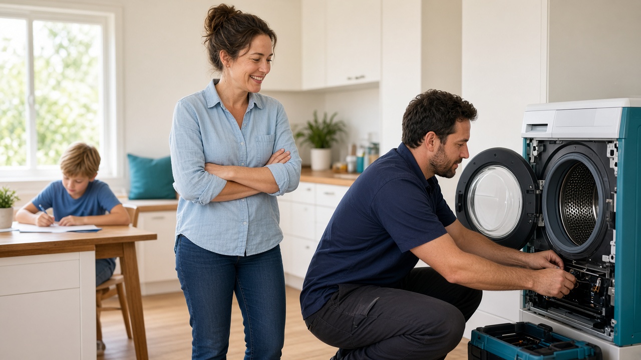 A parent watching a technician repair the family washing machine