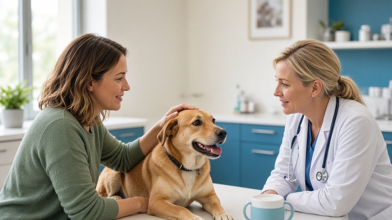 A dog owner speaking with a veterinarian at a bright clinic