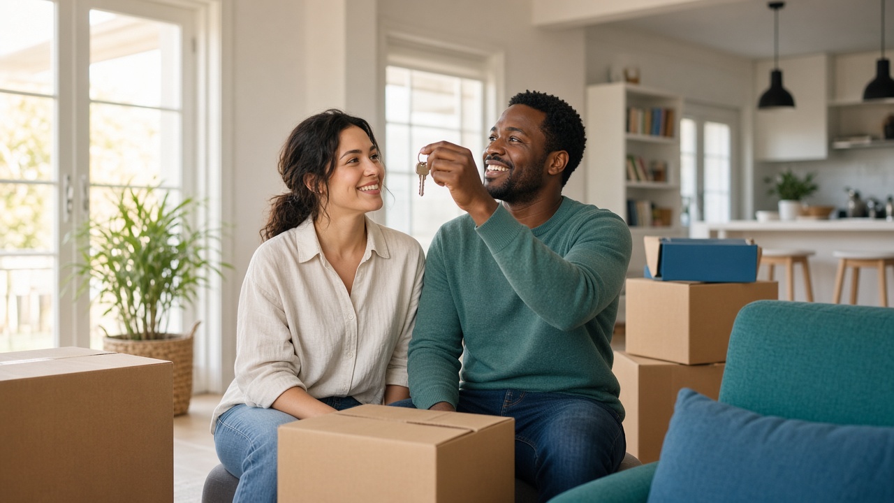 A couple holding the keys to their new home among moving boxes