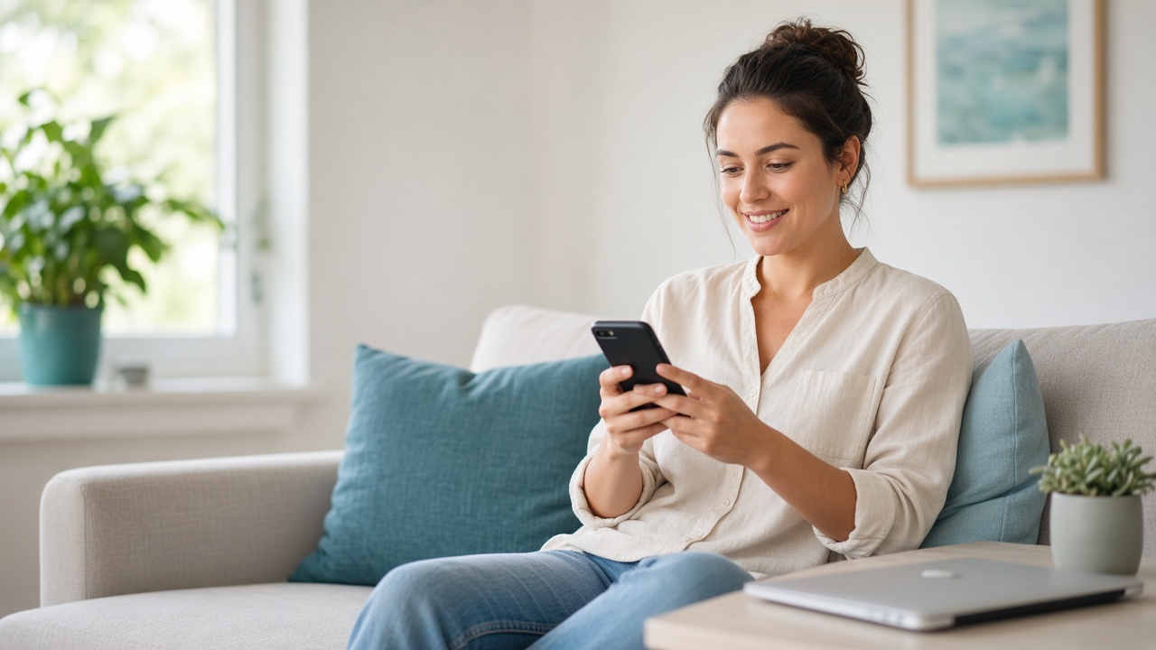 A woman comfortably using her phone at home with her laptop nearby