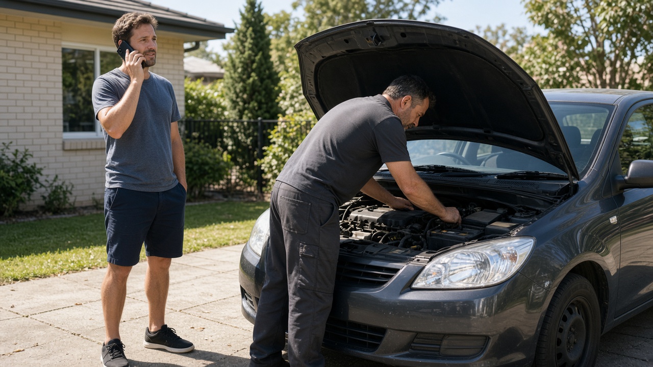 A driver speaking on the phone while a mechanic checks his car