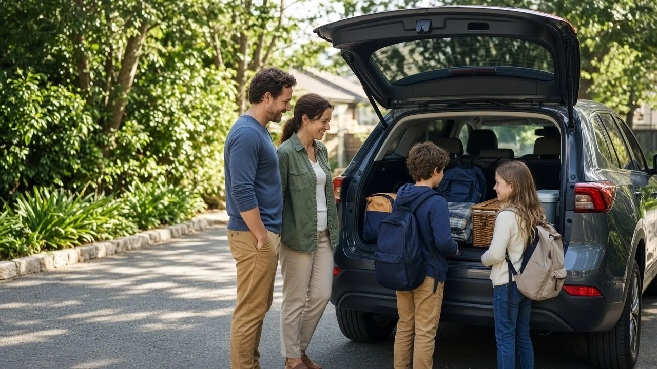 A family preparing for a weekend trip beside their packed car in a leafy driveway