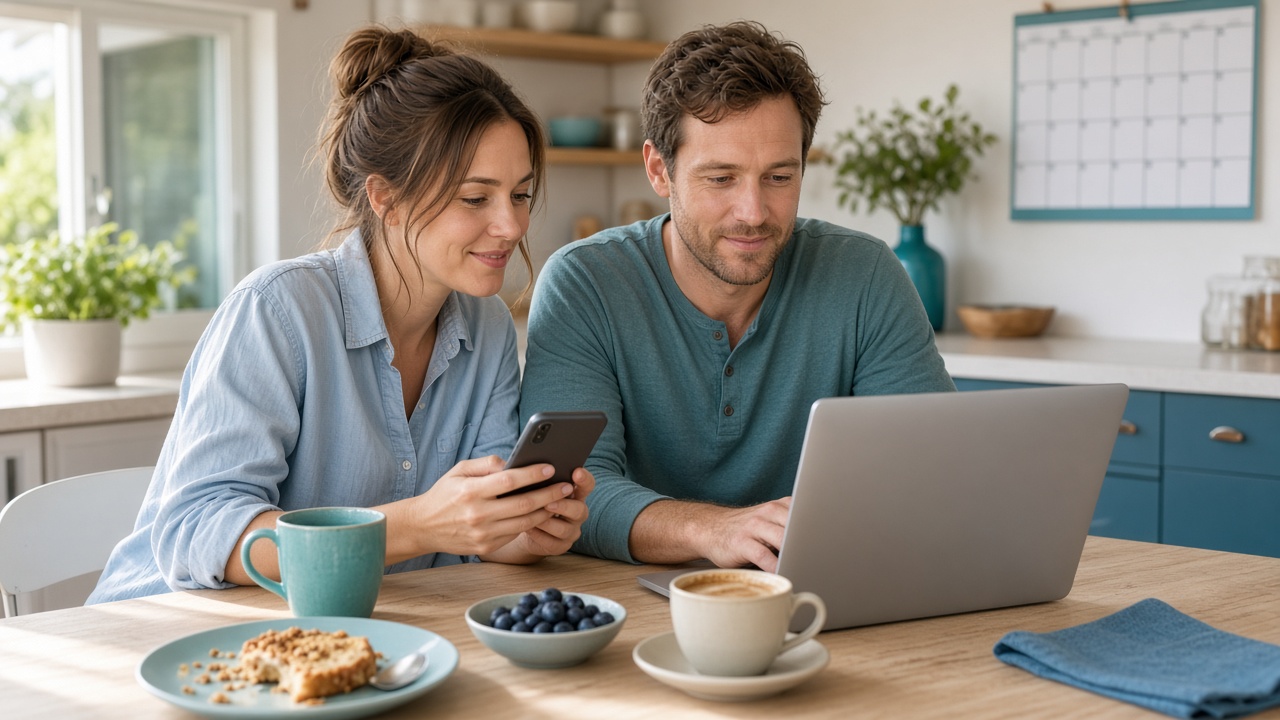A couple sorting an unexpected expense online at the kitchen table on a weekend morning