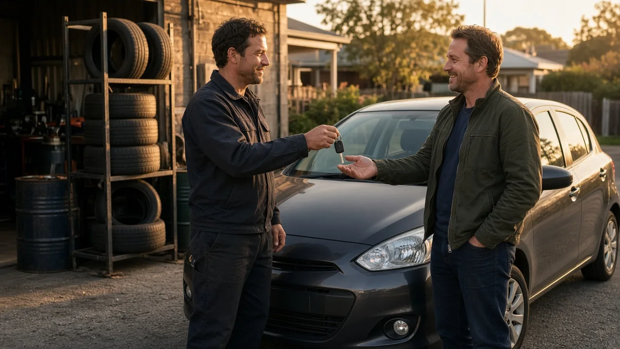 A mechanic handing car keys back to a driver outside a suburban workshop