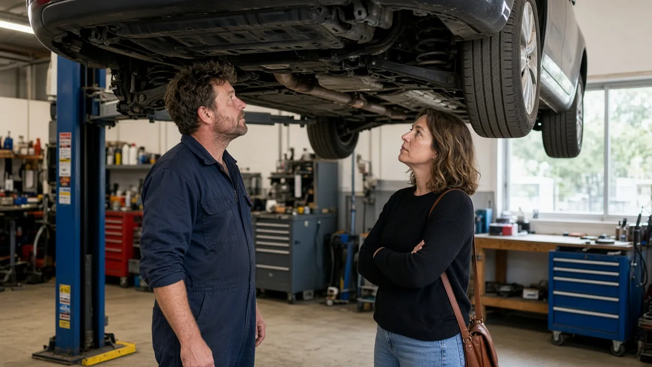A car owner talking with a mechanic beside a hatchback on a workshop hoist