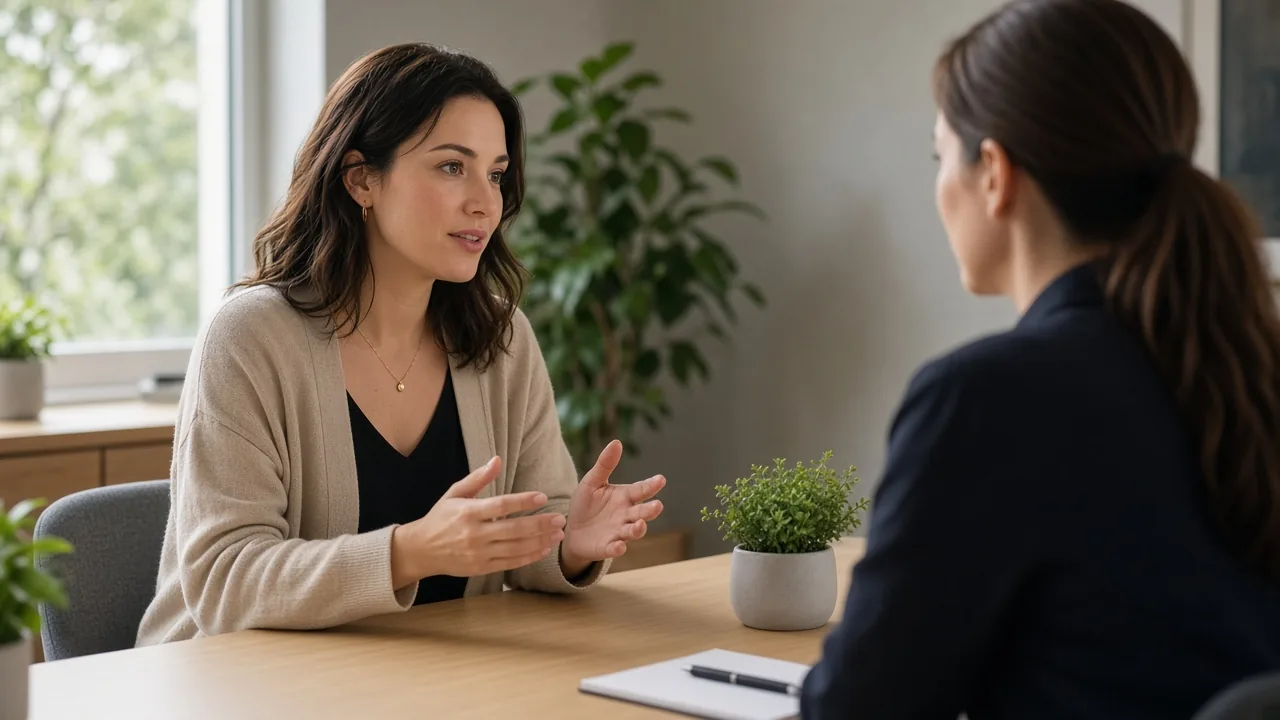 A woman talking through a planned procedure with a clinician in a calm consulting room