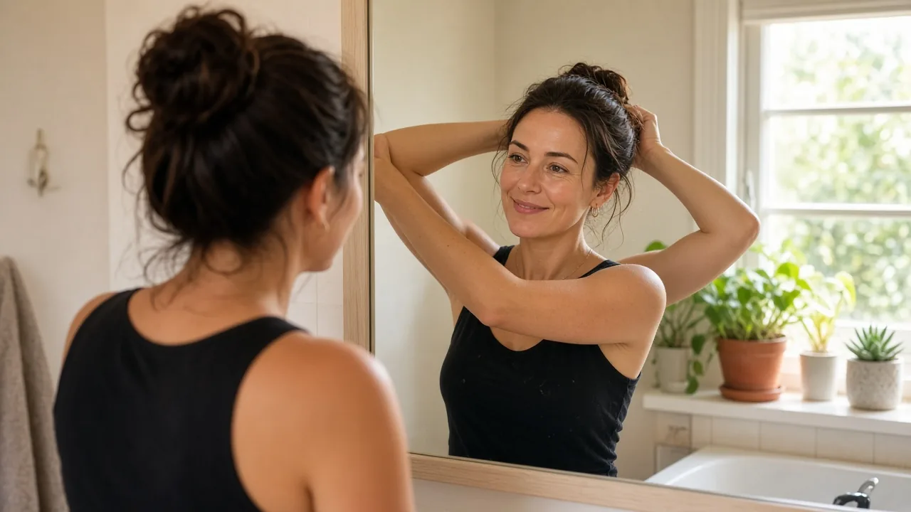 A woman smiling as she gets ready in a sunlit bathroom at home