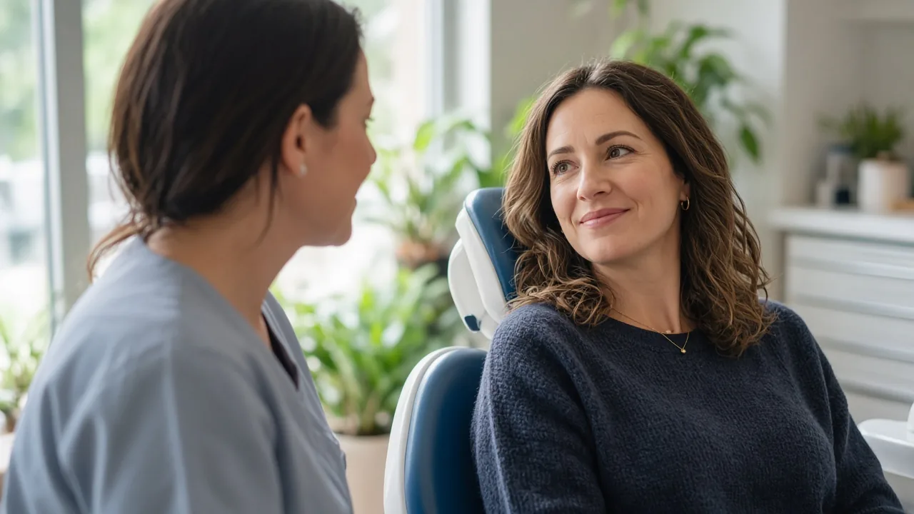 A dentist talking with a relaxed patient sitting upright in a clinic chair