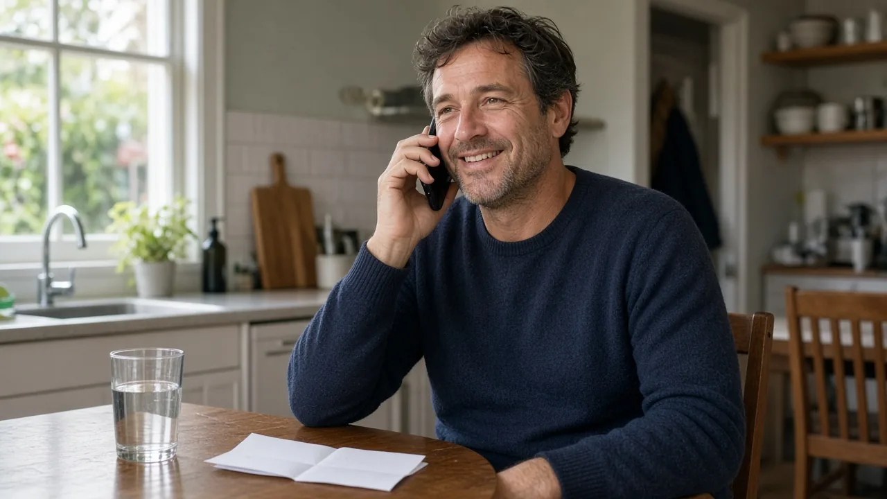 A man at his kitchen table looking relieved after sorting a dental bill on the phone