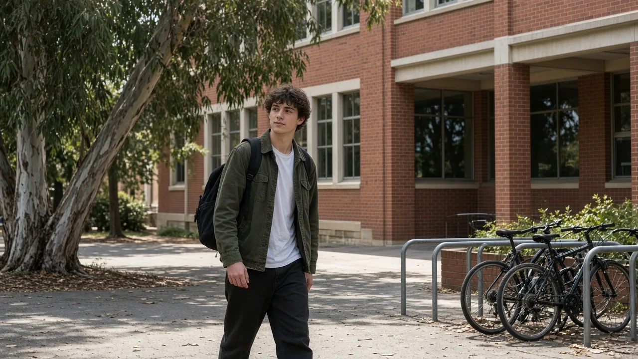 A student walking outside a brick Australian campus building with a backpack
