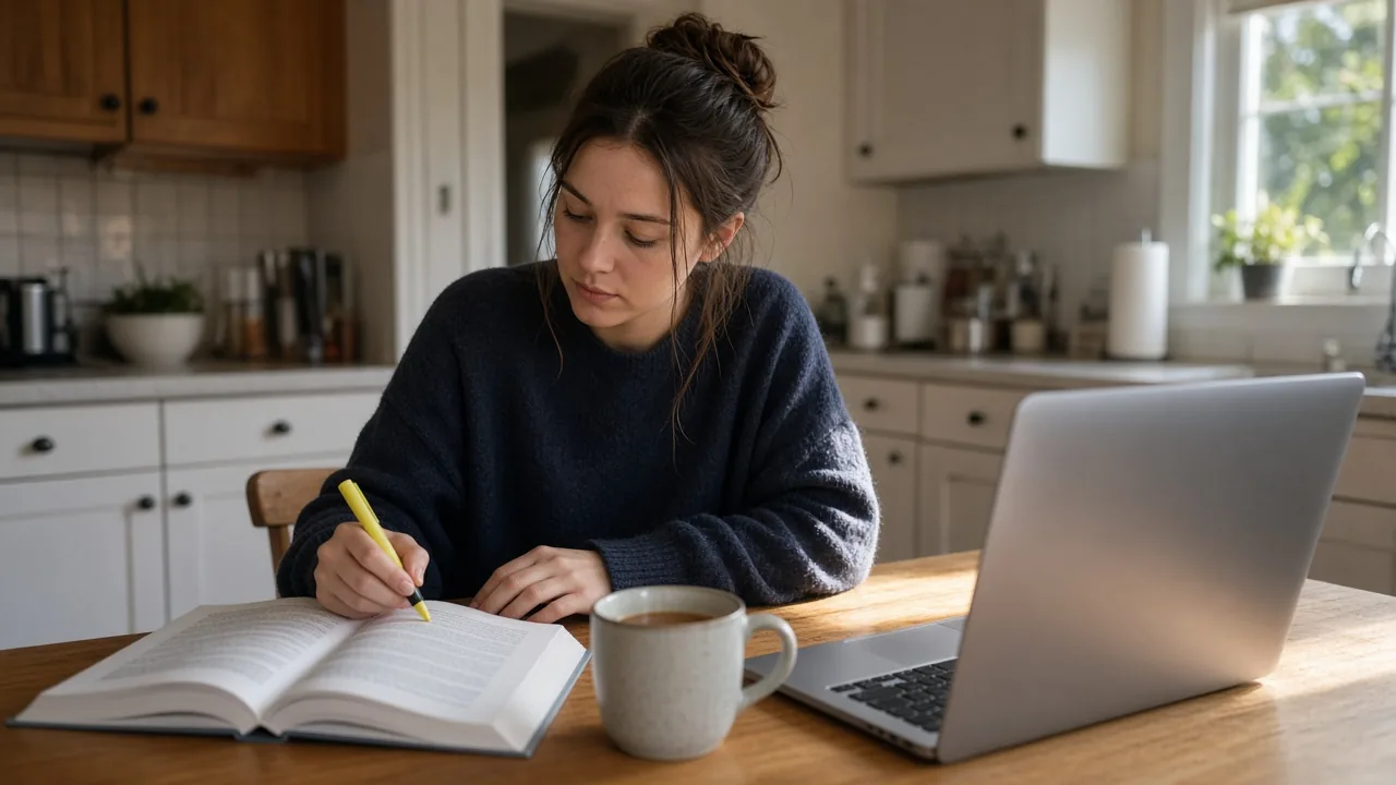 An adult student studying at her kitchen table with a laptop and textbook