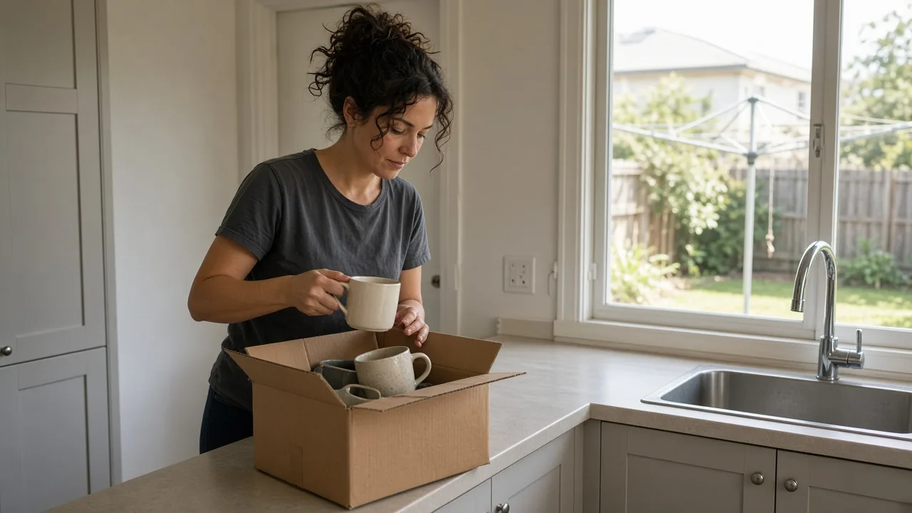 A woman unpacking kitchen mugs after moving into a sunny rental