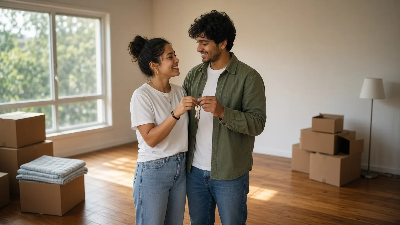 A couple holding the keys to their new rental in an empty Australian apartment