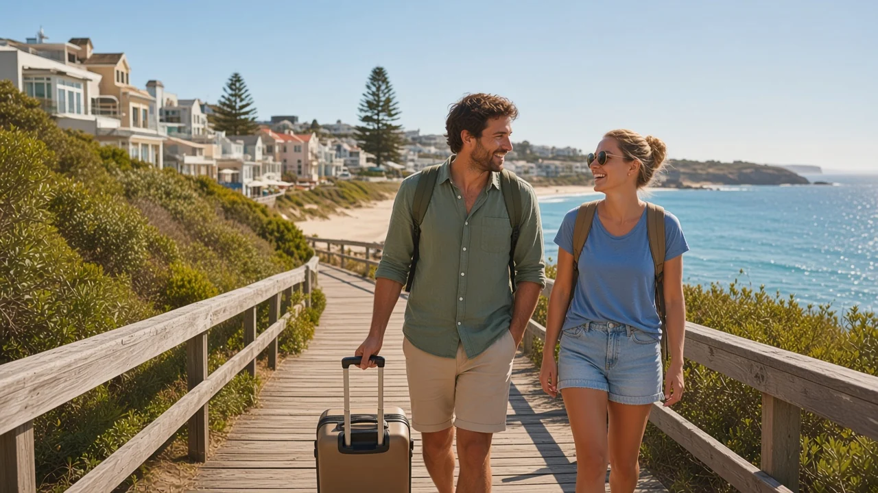 A couple with backpacks and a suitcase arriving at a sunny Australian coastal town