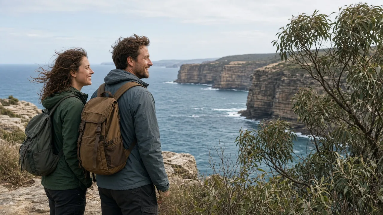 A couple with backpacks looking out over an Australian coastal bay