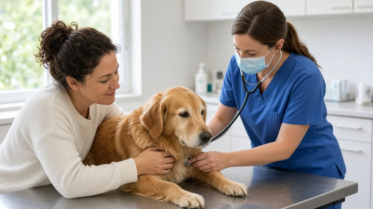 A dog owner comforting her pet while a veterinarian listens with a stethoscope
