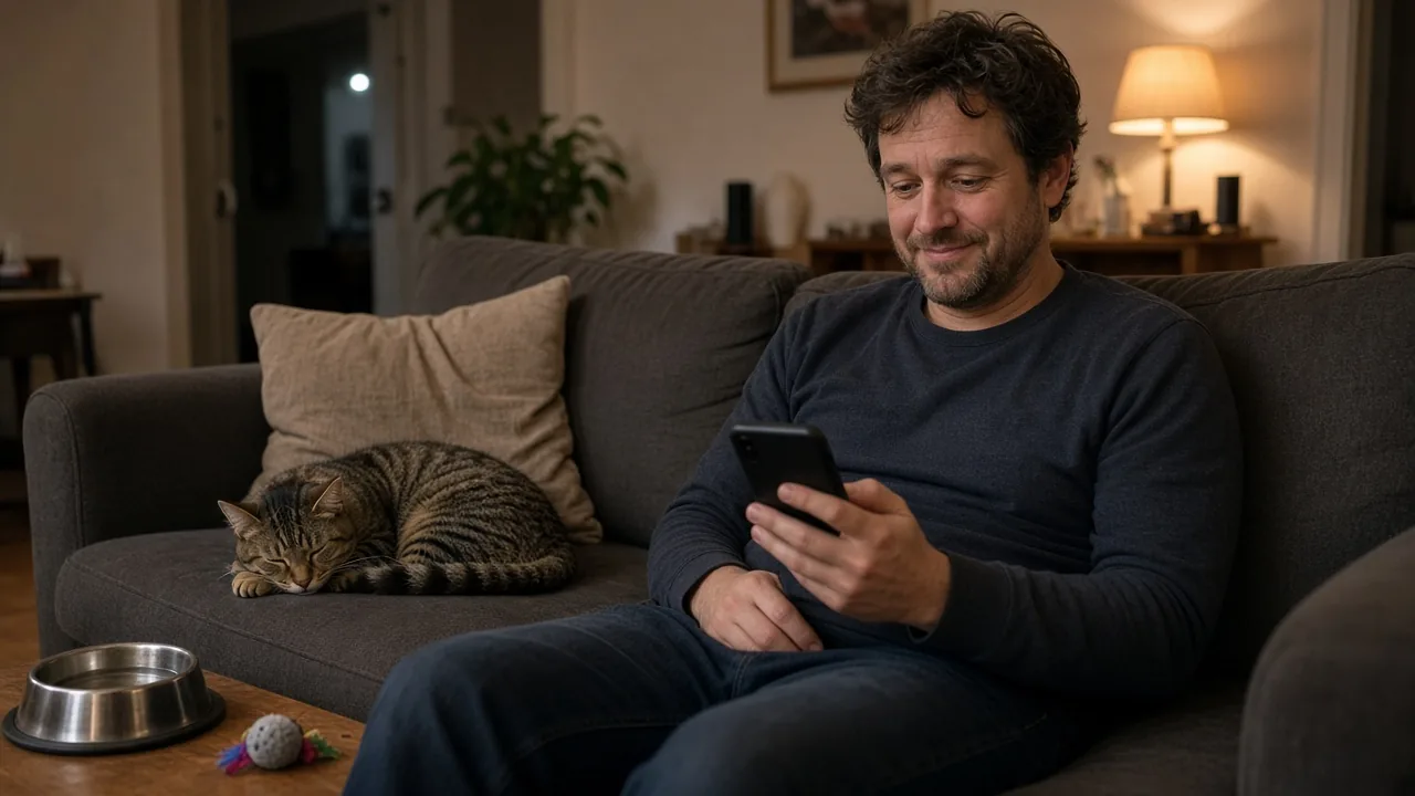 A man sitting on the sofa with his cat, checking a vet appointment on his phone