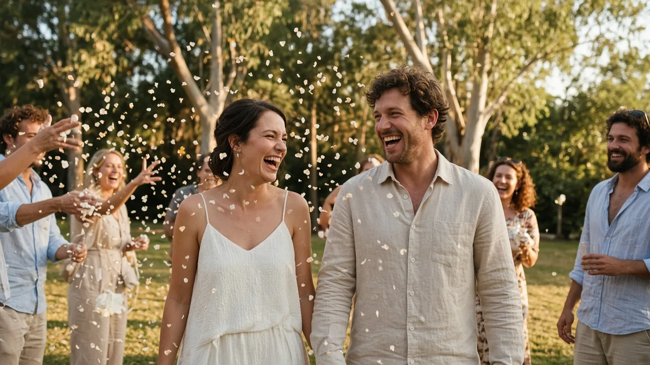 A newly married couple laughing as friends throw confetti in a park