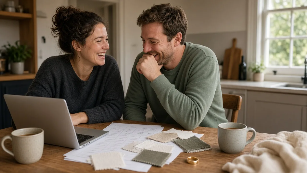 A couple planning their wedding at the kitchen table with tea and fabric swatches