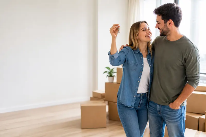 Couple holding the keys to their new rental among moving boxes