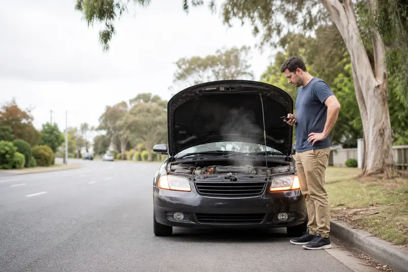 Man looking at the engine of his broken-down car with the bonnet up