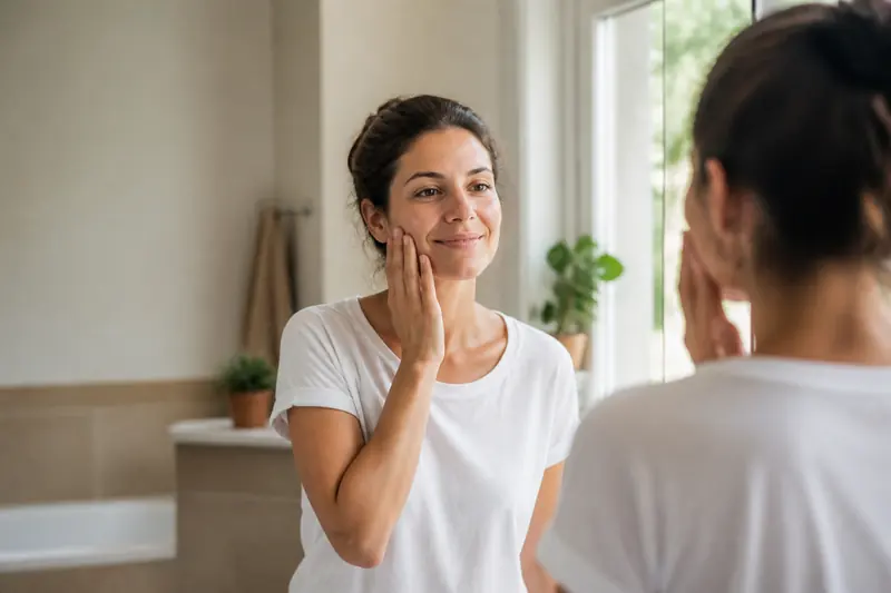 Woman smiling at her reflection in the bathroom mirror