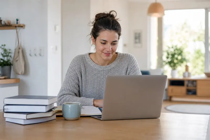 Woman studying on a laptop with textbooks at her kitchen table