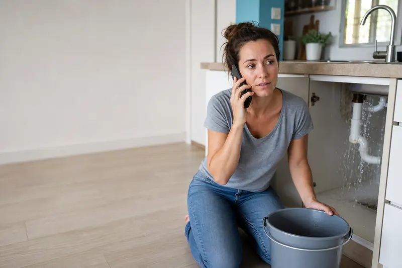 Worried woman on the phone, holding a bucket under a leaking kitchen sink