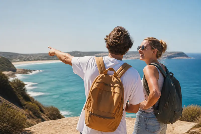Couple with backpacks taking in the view from a coastal lookout