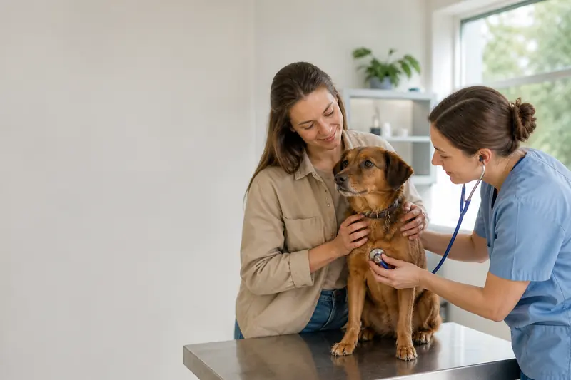 Woman comforting her dog while a vet examines it with a stethoscope